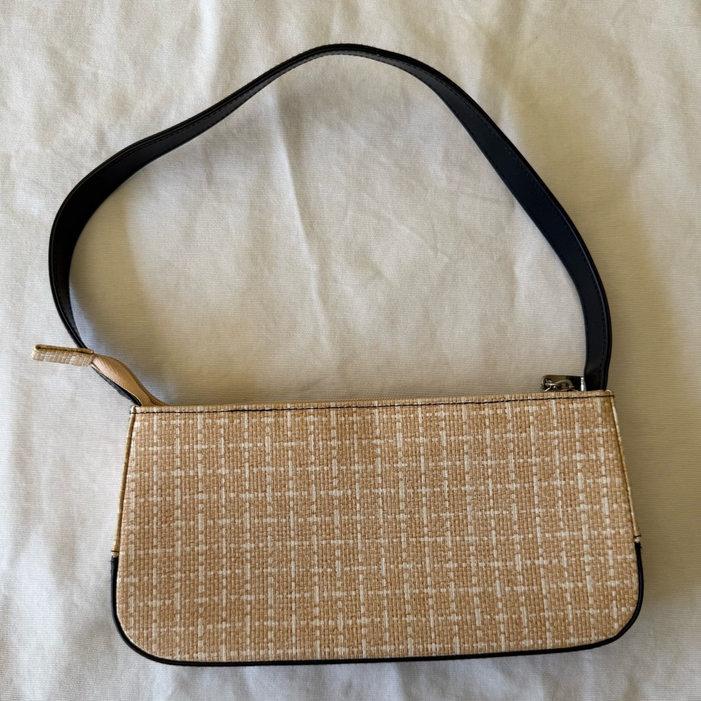 EUC-Tan & White pattern with Black trim and strap Shoulder Bag